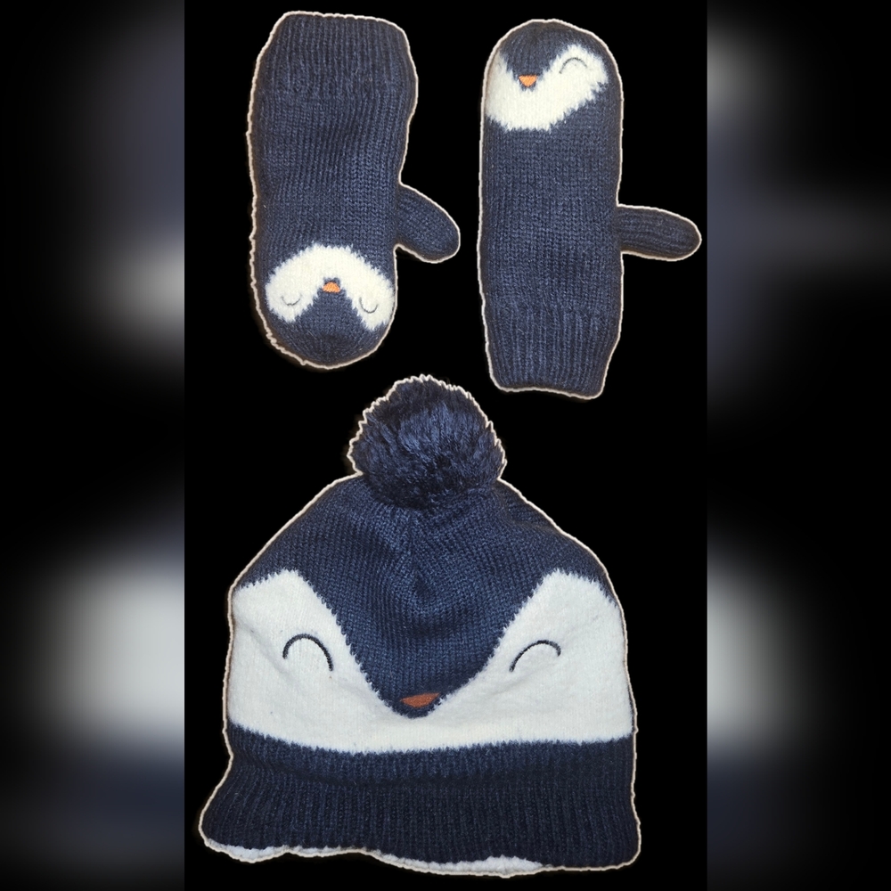 Baby Navy Blue Penguin Knit Hat and Mittens Set